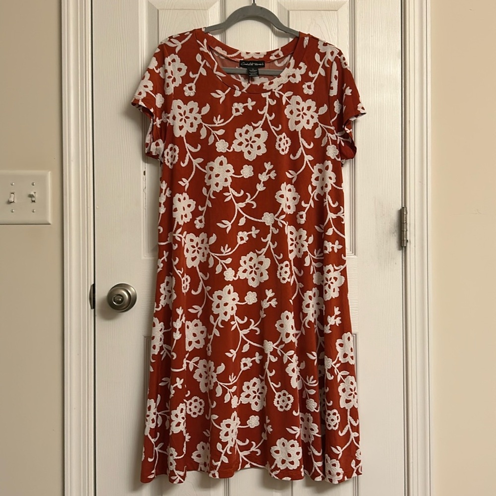 Candalite Women’s Orange White Floral Short Sleeve Shift Dress Poly-blend 1X
